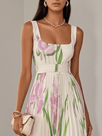 Marie | Weißes Chiffon Maxi Kleid mit Faltenblumen
