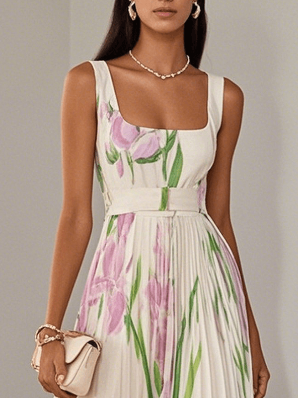 Marie | Weißes Chiffon Maxi Kleid mit Faltenblumen