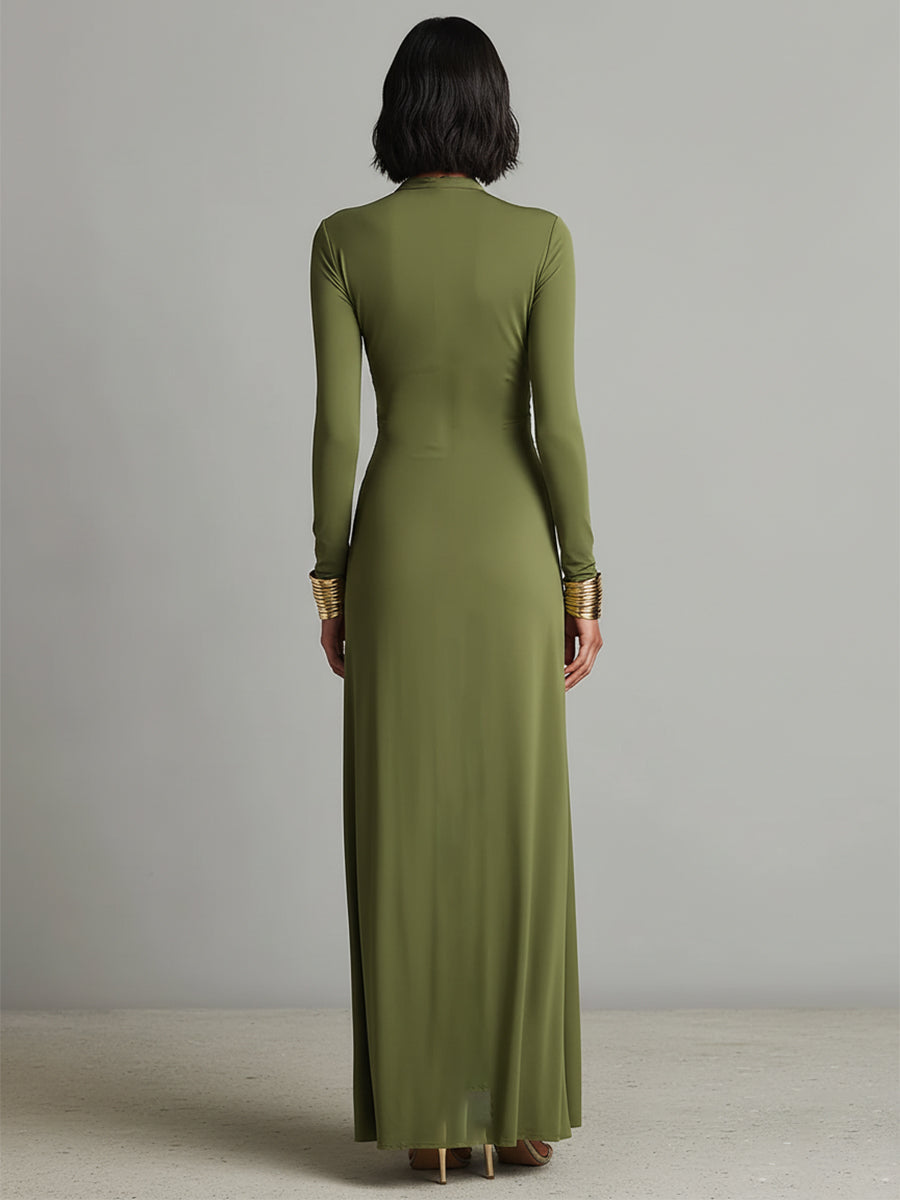 Olivgrünes Maxi-Kleid mit V-Ausschnitt