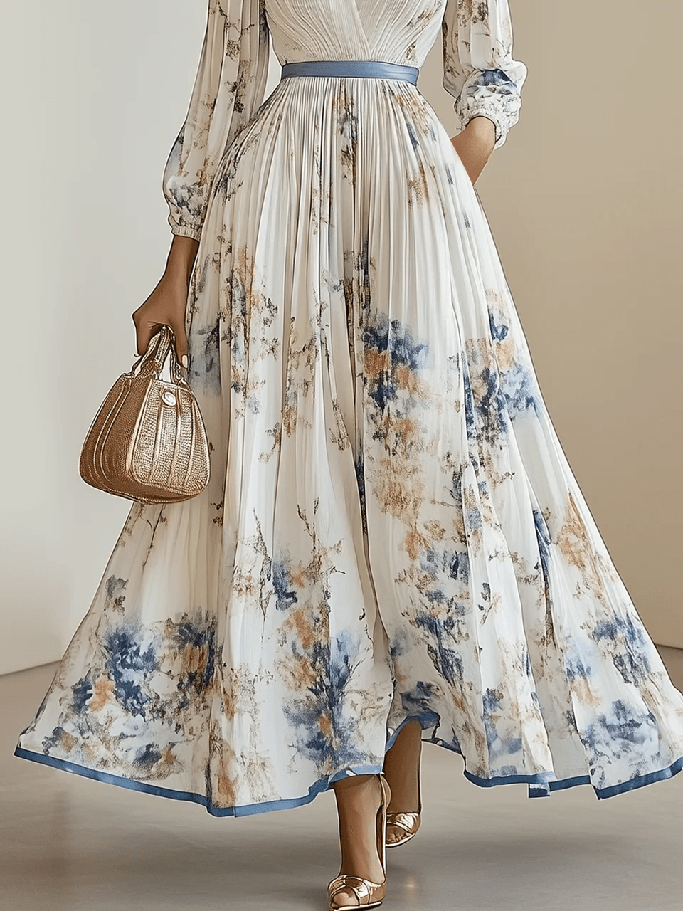 Amalia | Weißes Floral Maxikleid mit Ballonärmeln aus Chiffon