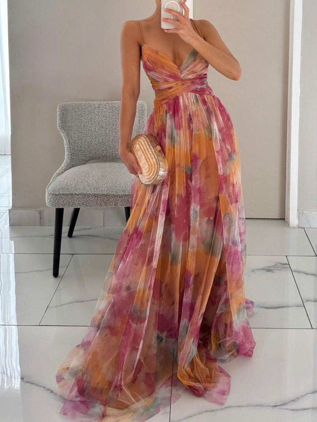 Karen | V-Neck Maxi Dress with Painted Floral Pattern