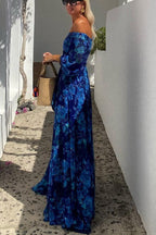 Francesca - Langes Kleid mit Blumenmuster und schulterfreier Ärmeln
