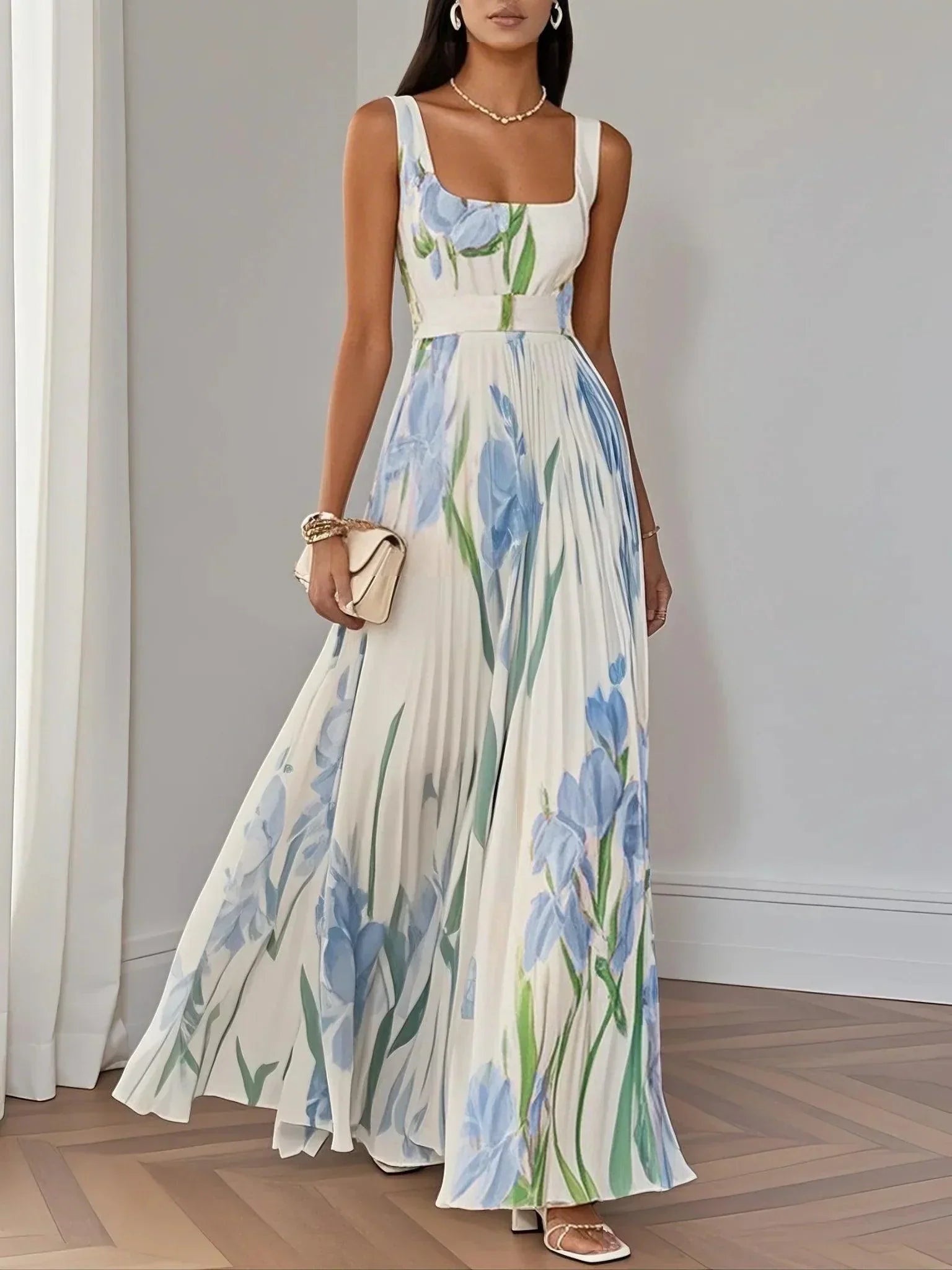 Marie | Weißes Chiffon Maxi Kleid mit Faltenblumen