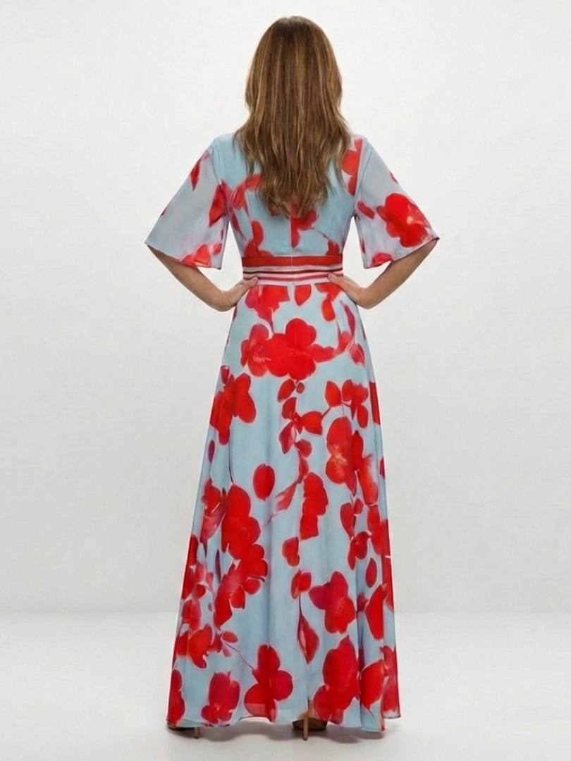 Corinne | Kurzarm Maxikleid mit V-Ausschnitt und Blumenmuster