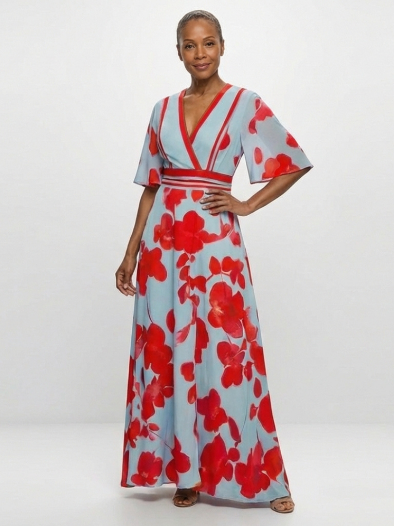 Corinne | Kurzarm Maxikleid mit V-Ausschnitt und Blumenmuster