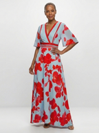 Corinne | Kurzarm Maxikleid mit V-Ausschnitt und Blumenmuster