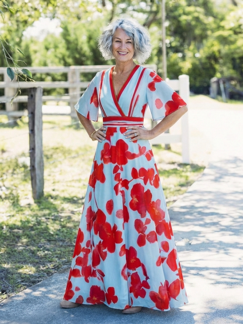 Corinne | Kurzarm Maxikleid mit V-Ausschnitt und Blumenmuster