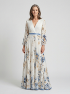 Lavinia | Blumenmuster Maxikleid mit langen Ärmeln und V-Ausschnitt