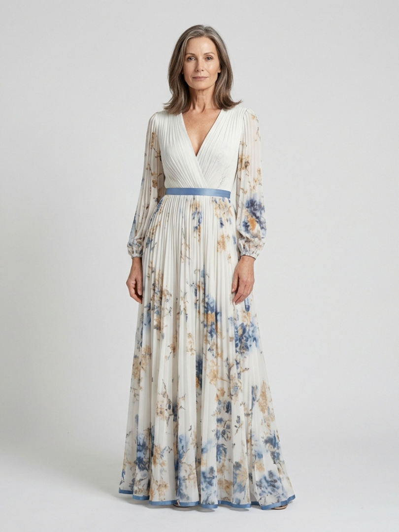 Lavinia | Blumenmuster Maxikleid mit langen Ärmeln und V-Ausschnitt