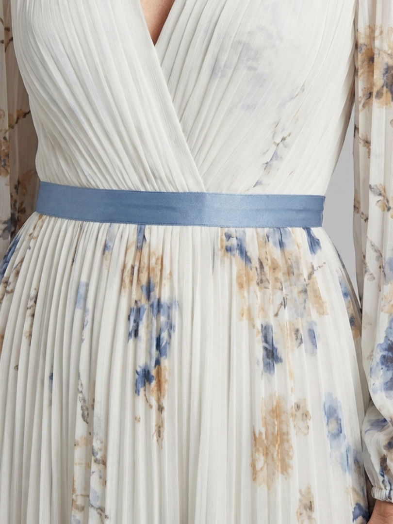 Lavinia | Blumenmuster Maxikleid mit langen Ärmeln und V-Ausschnitt