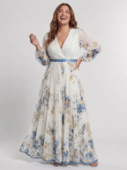 Lavinia | Blumenmuster Maxikleid mit langen Ärmeln und V-Ausschnitt