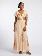 Calista | Kurzarm Maxi Kleid mit V-Ausschnitt und Falten