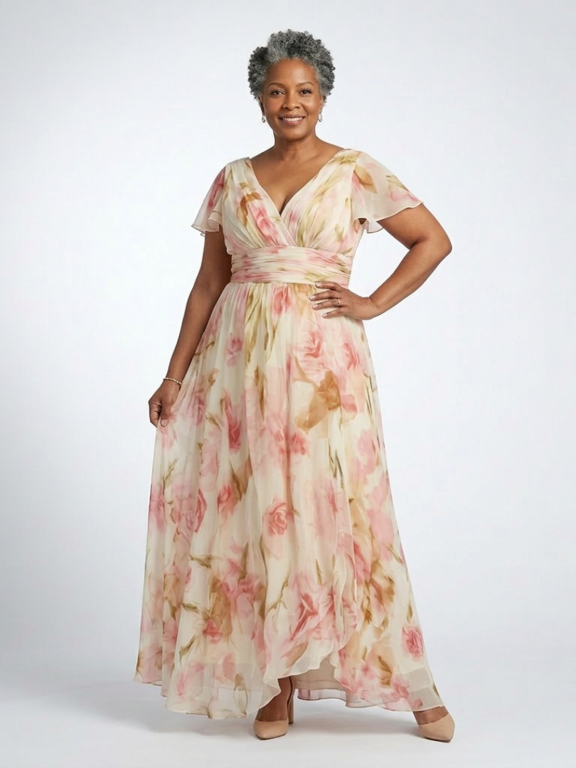 Elara | Kurzarm Maxi Kleid mit V-Ausschnitt und Blumenmuster