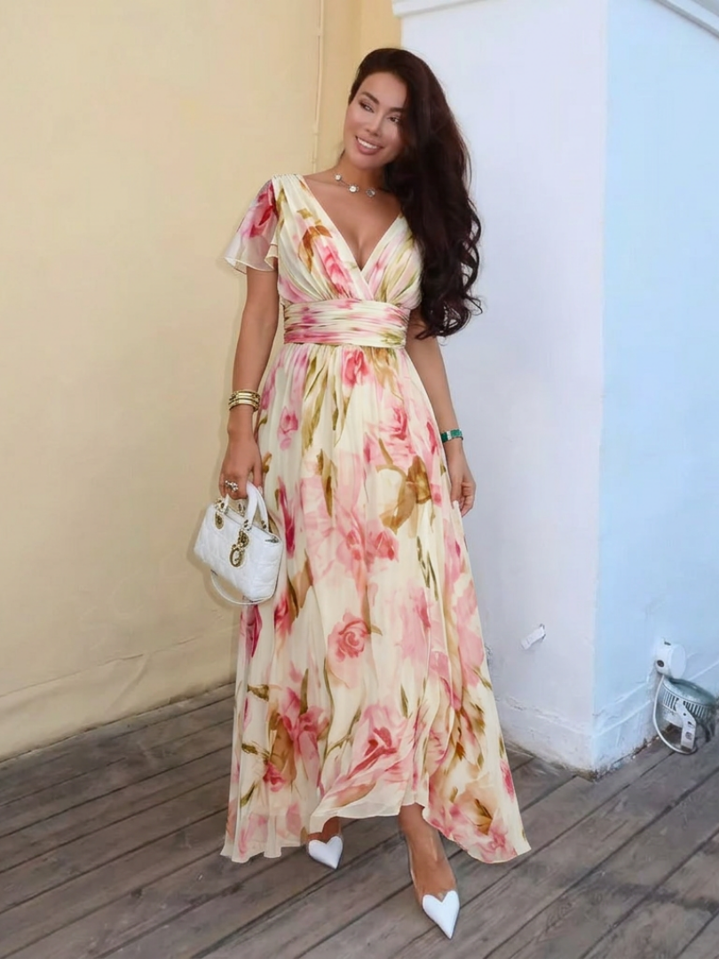 Elara | Kurzarm Maxi Kleid mit V-Ausschnitt und Blumenmuster