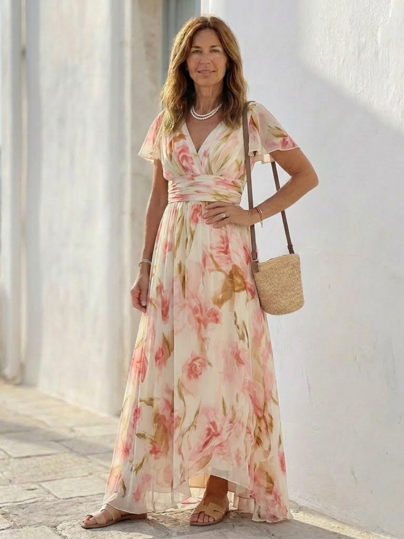 Elara | Kurzarm Maxi Kleid mit V-Ausschnitt und Blumenmuster