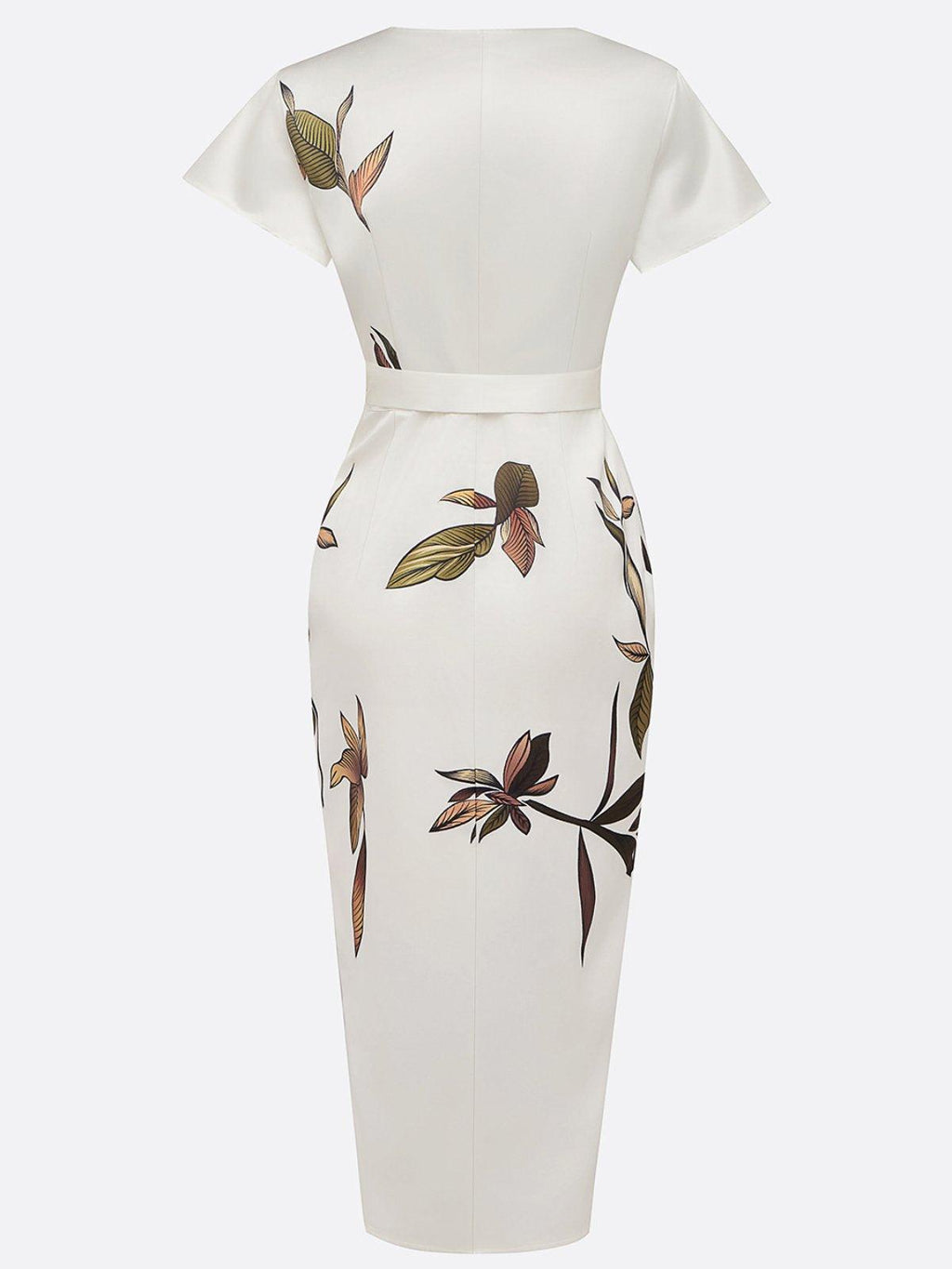 Judy | Weißes Satin Midi Kleid mit Kurzarm und Blattmuster