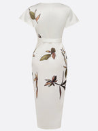 Judy | Weißes Satin Midi Kleid mit Kurzarm und Blattmuster
