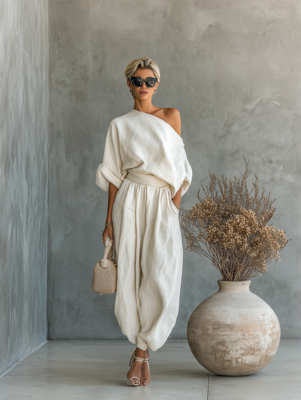 Off-Shoulder Linen Pants Set