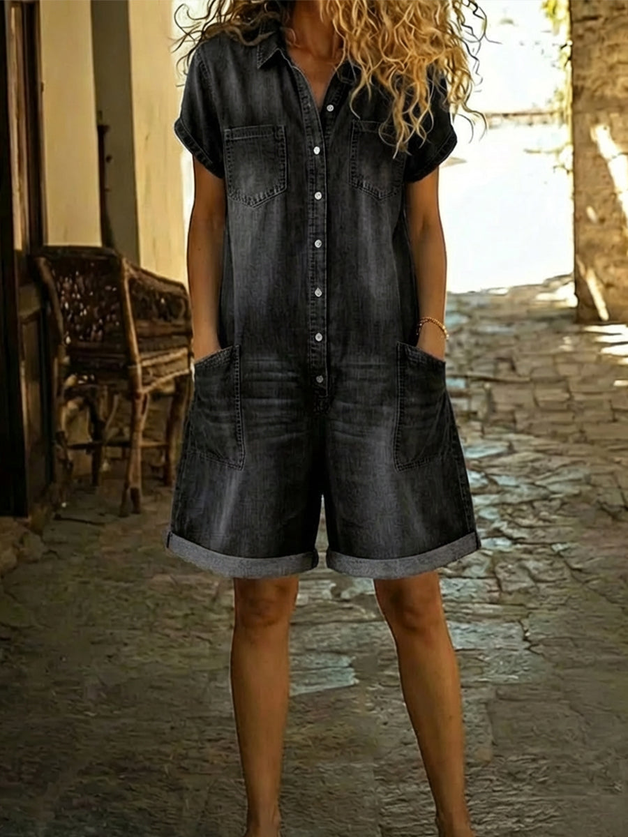 Lila - Bequeme Baumwoll-Denim-Shorts-Overall