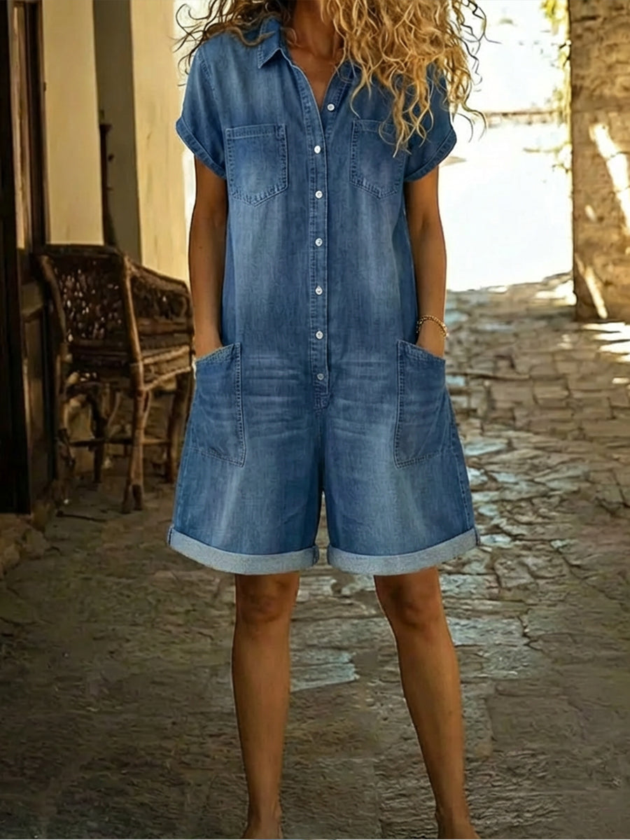 Lila - Bequeme Baumwoll-Denim-Shorts-Overall