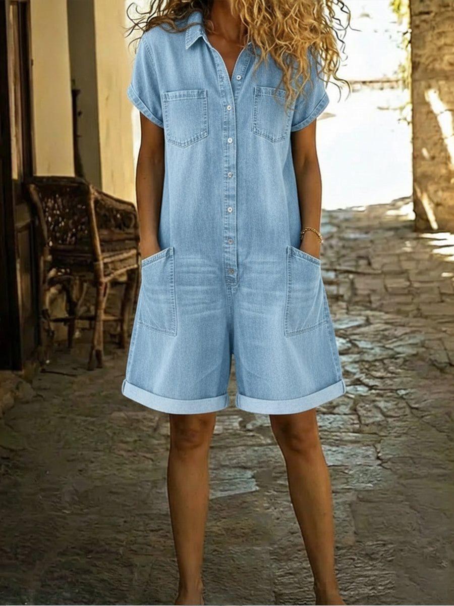 Lila - Bequeme Baumwoll-Denim-Shorts-Overall