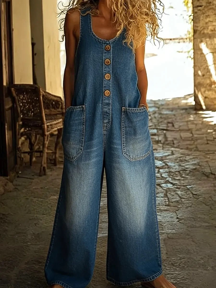 Saylor - Vintage gewaschene Baumwoll-Denim-Trägerhose