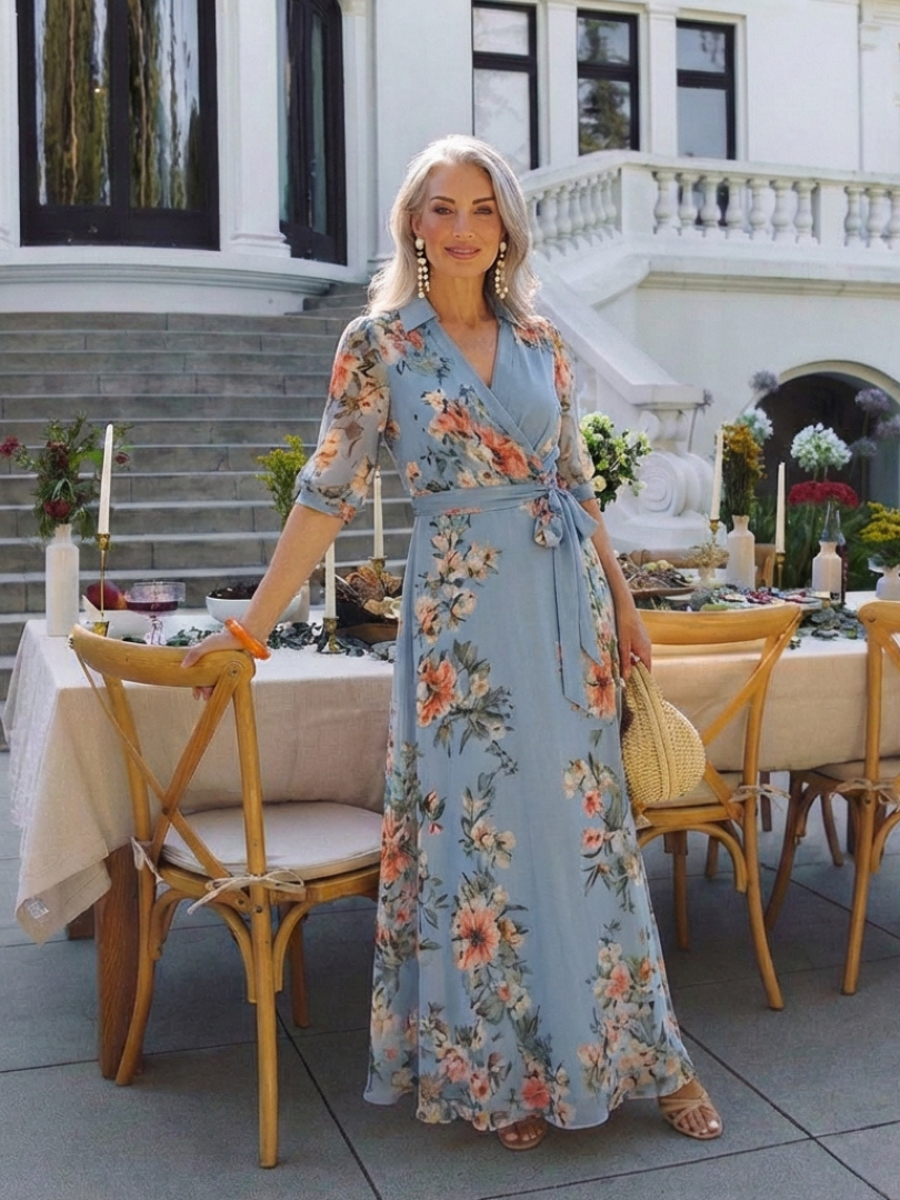 Elowen | V-Neck Maxi Dress with Floral Wrap Design